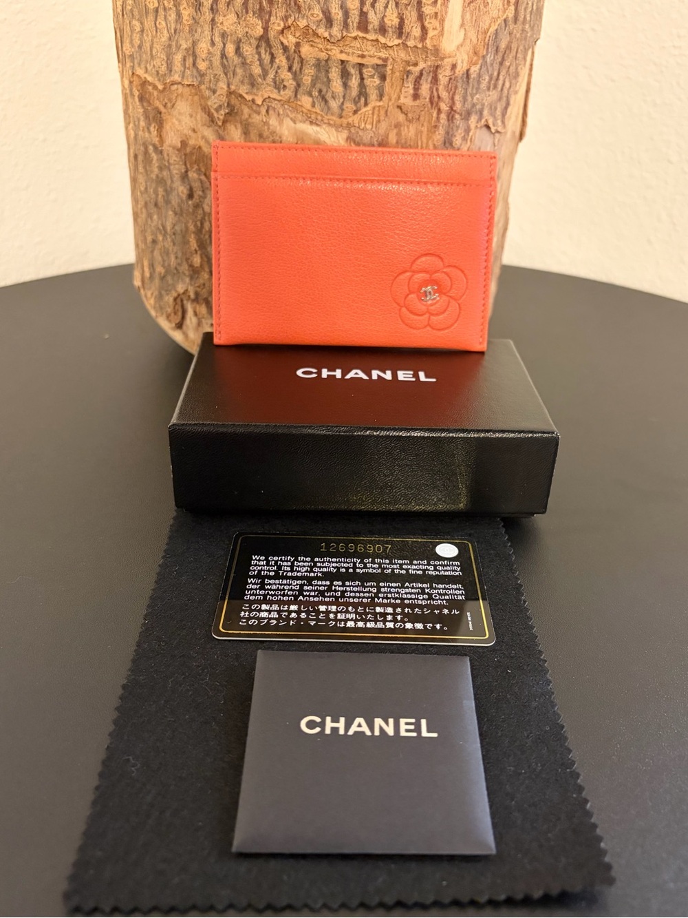 Chanel Goatskin Embossed Camellia Card Holder in Coral